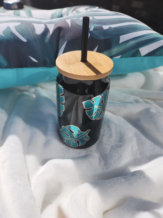 BLACK GLASS CAN TUMBLER PALM LEAVES
